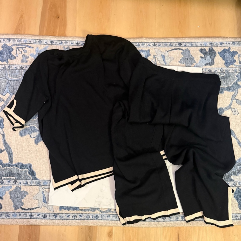 Black Two-Piece Knit Set with Ivory Trim - Women